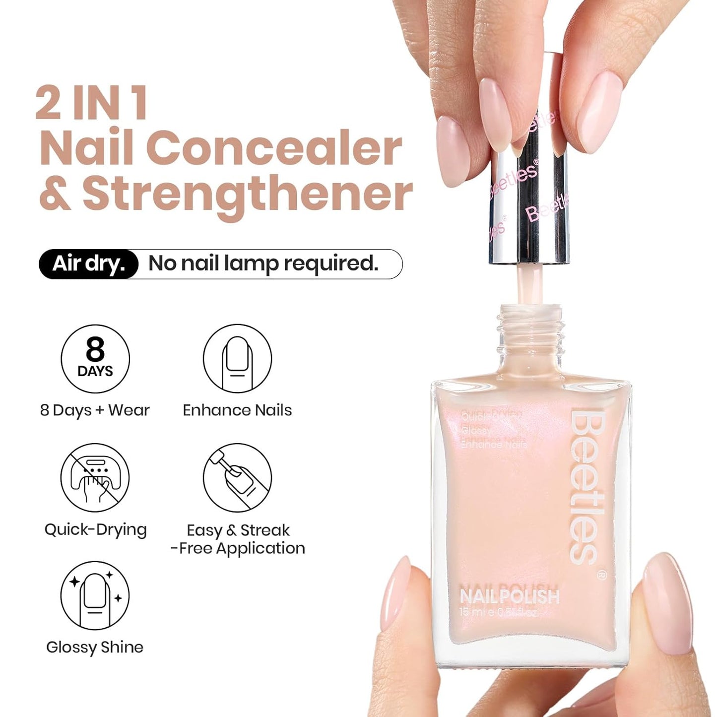 Beetles Nail Strengthener and Growth Concealer - Pink White Nail Polish Shimmer Natural Concealer Fingernail Polish, Fast Dry Quick Oil for Salon Home Daily Work - 0.51 FL OZ