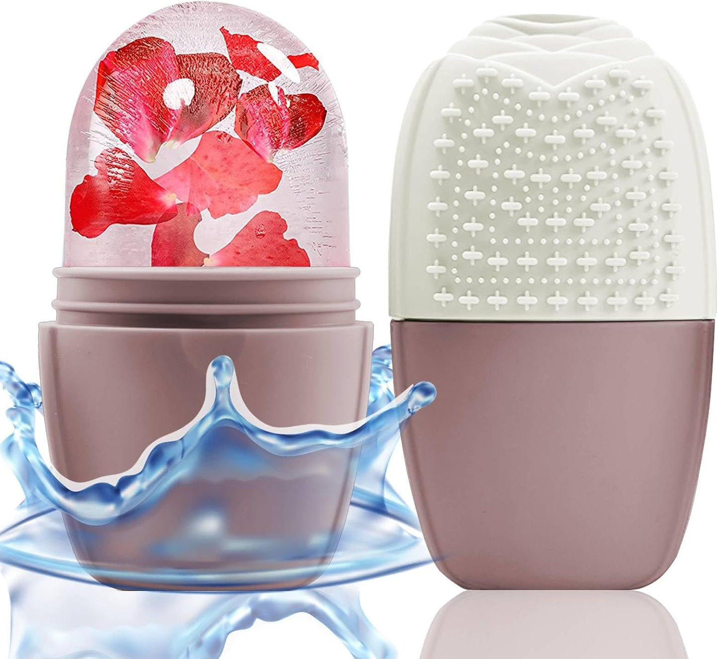 KOGITI Face Ice Roller & Mold - Beauty Facial Massage Tool for Puffiness Relief, Ice Cube Holder (Brush-Brown)