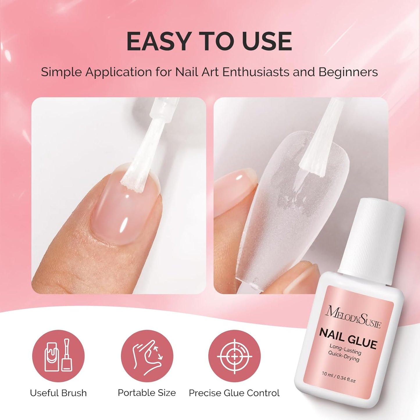 Melodysusie Brush-On Nail Glue for Acrylic Nails Press on Nails Quick-Drying Super Strong Long Lasting Adhesive for Nail Tips Fake Nails No UV Lamp Needed with Easy Application 10ml*3