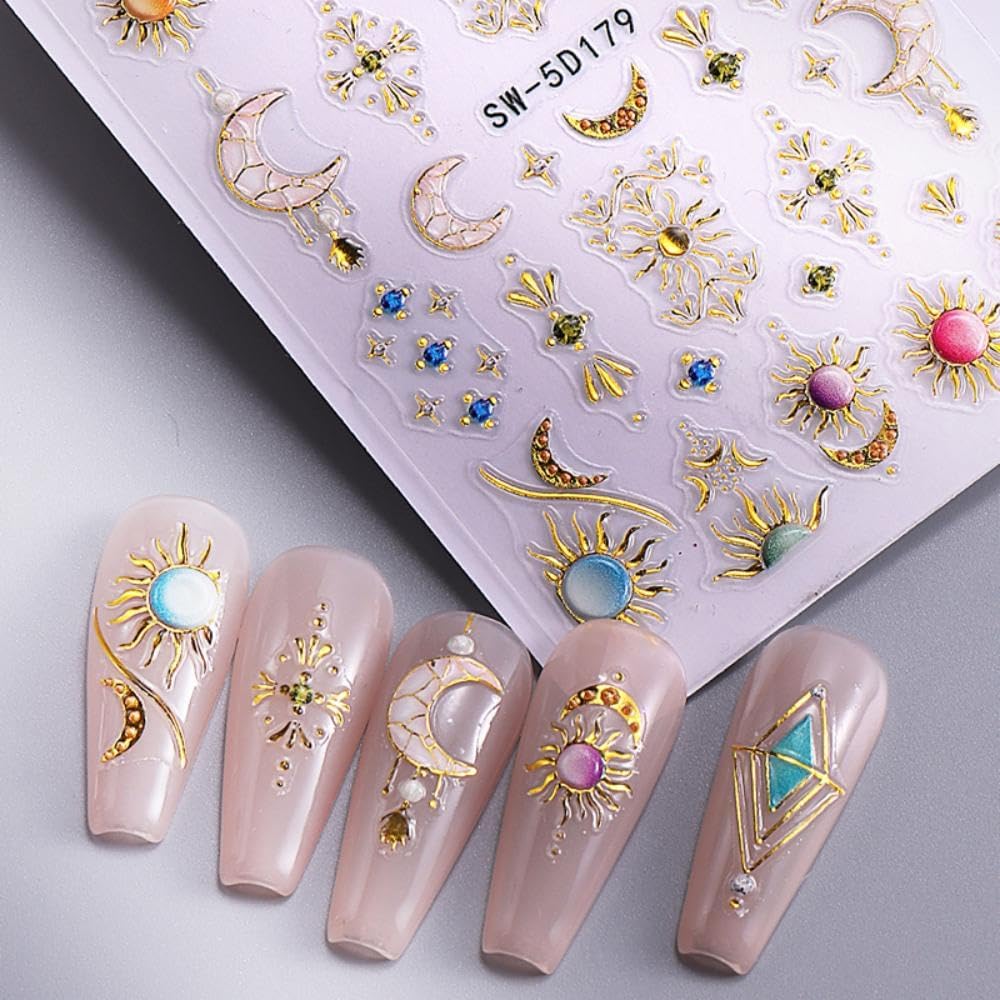Bohemian Nail Stickers Gold Star Sun Moon Nail Designs Starfish Nail Decals 5D Embossed Gem Lace Lines3D Self-Adhesive Summer Nail Art Decoration for Women DIY Manicure 2 Sheets