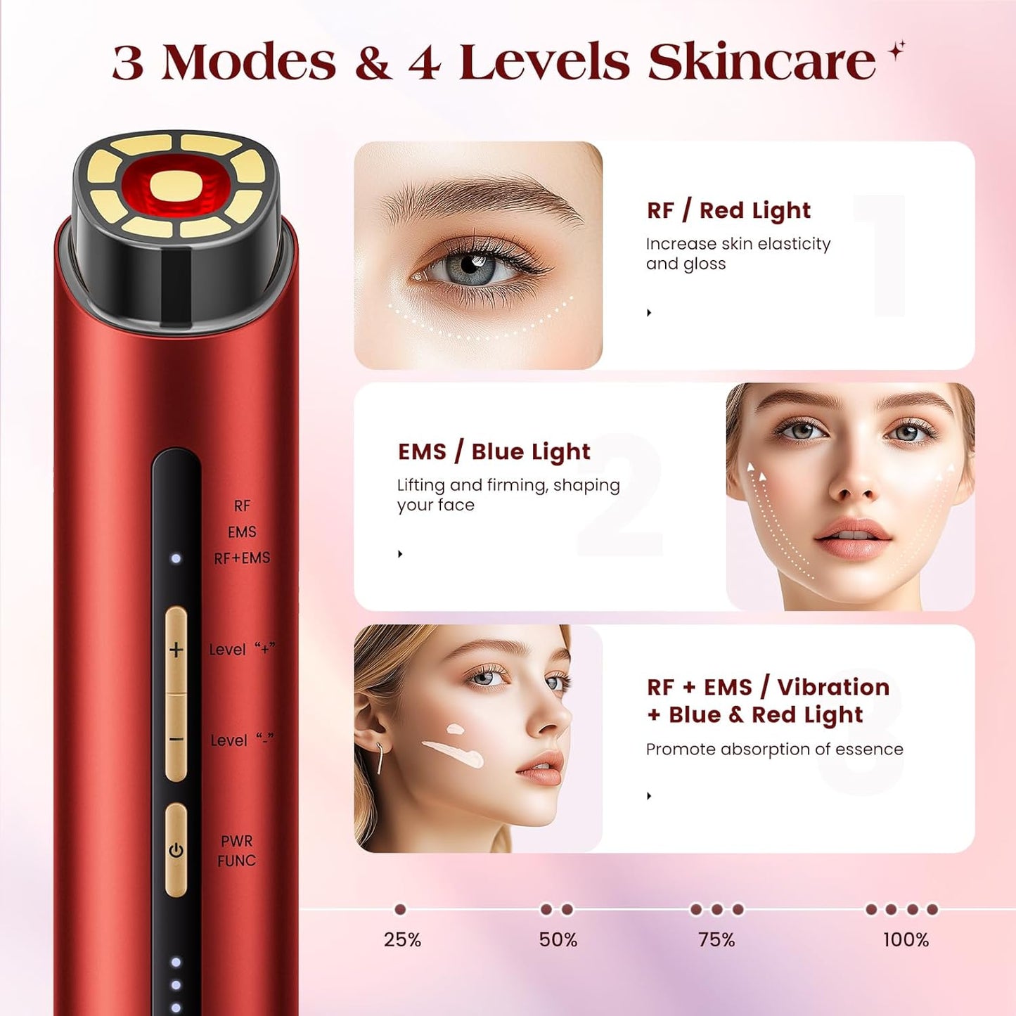 Microcurrent Facial Device, 3 Modes Red Light Therapy for Face and Neck, Skin Care Facial Massager Perfect Gifts for Women Men(Red)