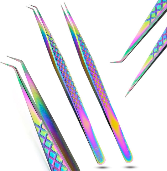 2pcs Curved & Straight Isolation Tweezers for Eyelash Extensions – 14cm Japanese Stainless Steel, Diamond Grip Non Slip Grip, Rainbow Set, Best for Classic & Individual Lashes