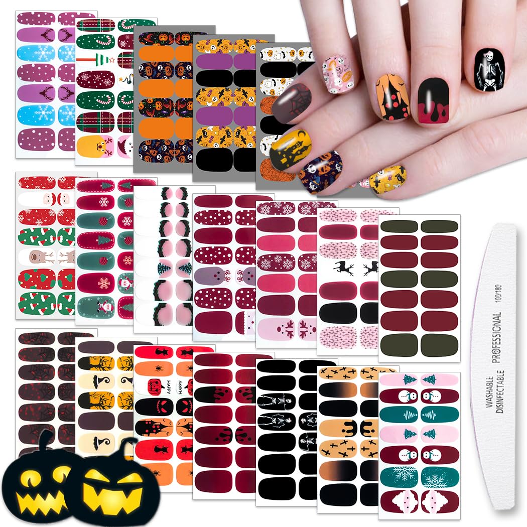 WOKOTO 20 Sheets Mixed Halloween & Christmas Nail Stickers Full Wraps Gel Strips for Women with File Kit, Nail Polish Strips Stickers Set Pumpkin Bat Ghost Spider Halloween Nail Wraps