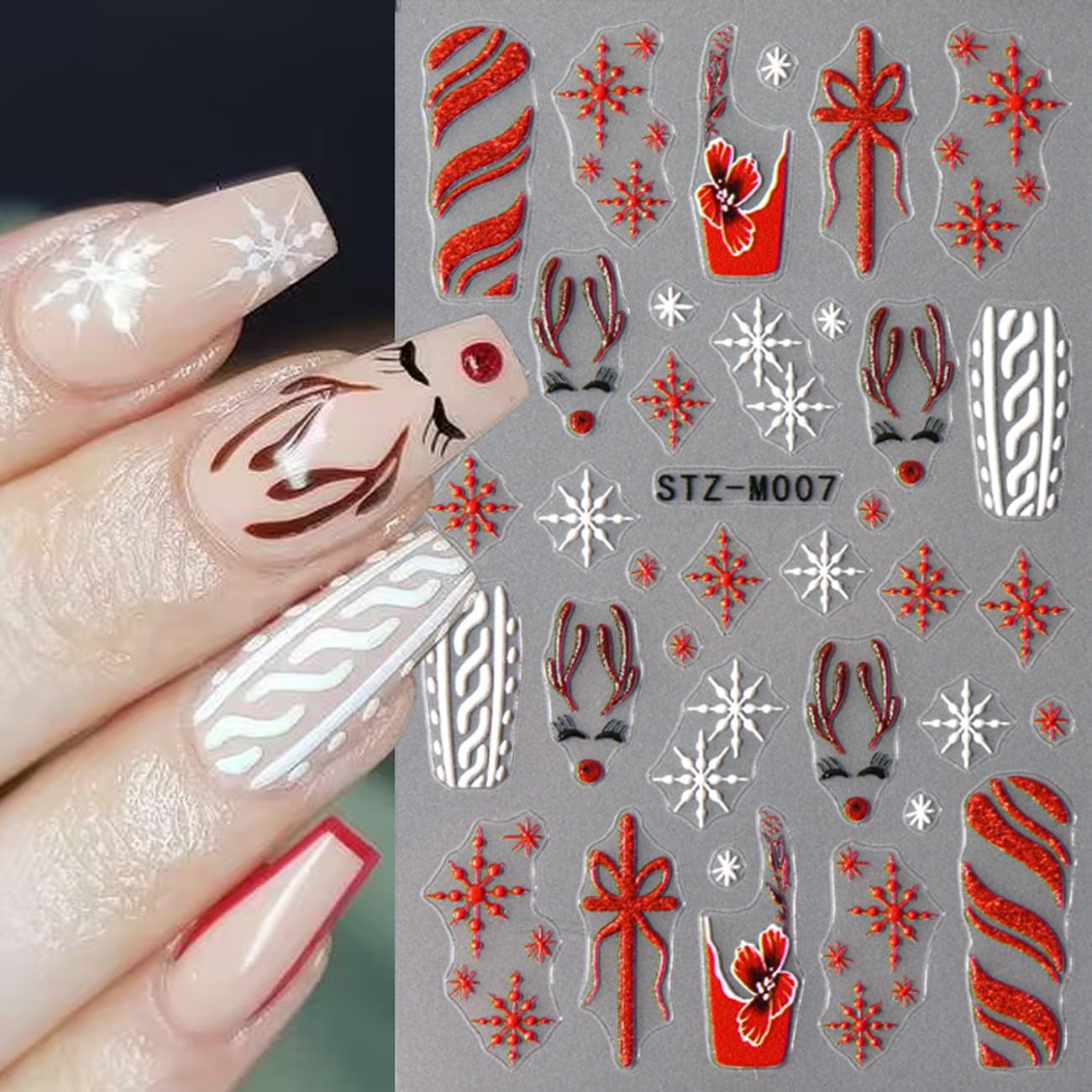 Christmas Nail Stickers,Cartoon Xmas with Cute Gingerbread Man Snowflake Candy Crutch Snowflake Gift Bow Elk French Glitter Design Self-Adhesive Decals for Nails Winter Manicure Decoration 6Sheets