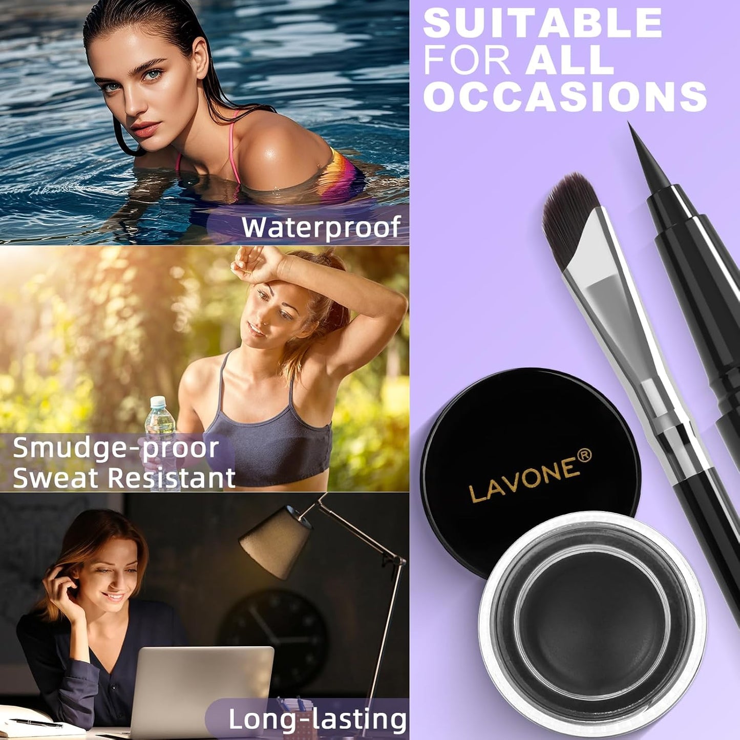 LAVONE Eyeliner Set - Waterproof Makeup Kit with Liquid Eye Liner Pencil, Gel Eyeliner and Angled Eye Liner Brush, Waterproof, Smudge Resistant, Long Lasting Formula - Black