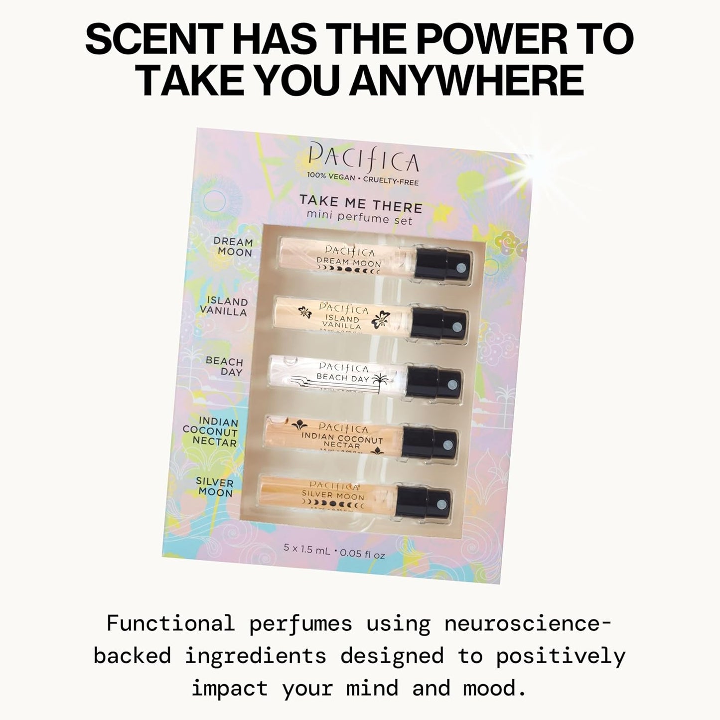 Pacifica Beauty, Take Me There Spray Perfume Trial Set, 5 Scents, Fragrance Sampler Gift Set, Natural & Essential Oils, Clean, Vegan & Cruelty Free