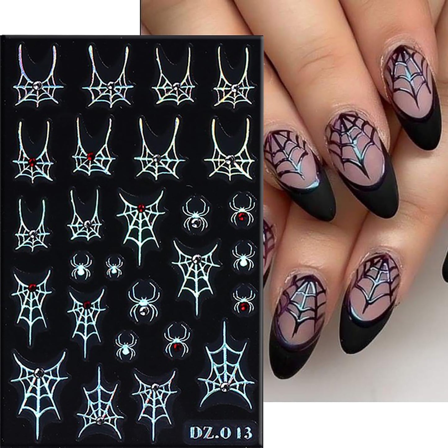 5 Sheets Halloween Nail Art Stickers 3D Self -Adhesive Spider Web with Rhinestones Design Nail Decals Holographic Diamond Spider Nail Stickers Halloween Nail Decoration for Women Manicure Supplies