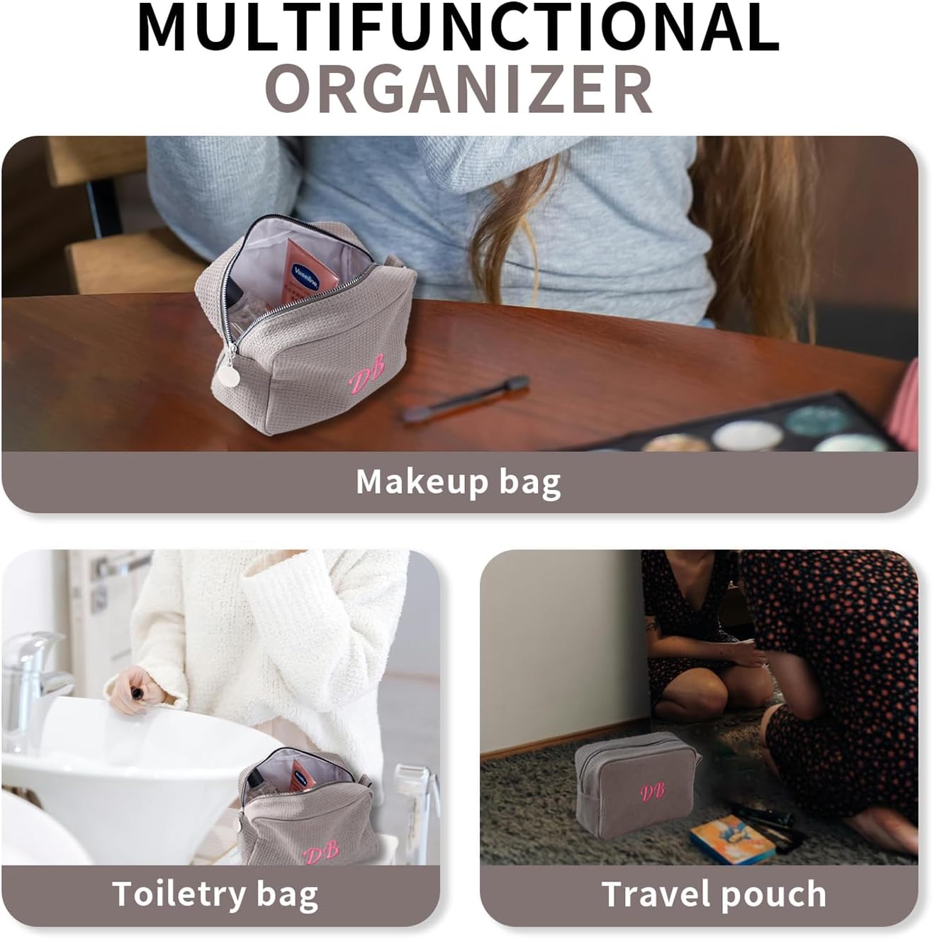 Personalized Embroidered Makeup Bag,Custom Waffle Fabric Cosmetic Pouch for Women, Travel Makeup Pouch (3, Gray)