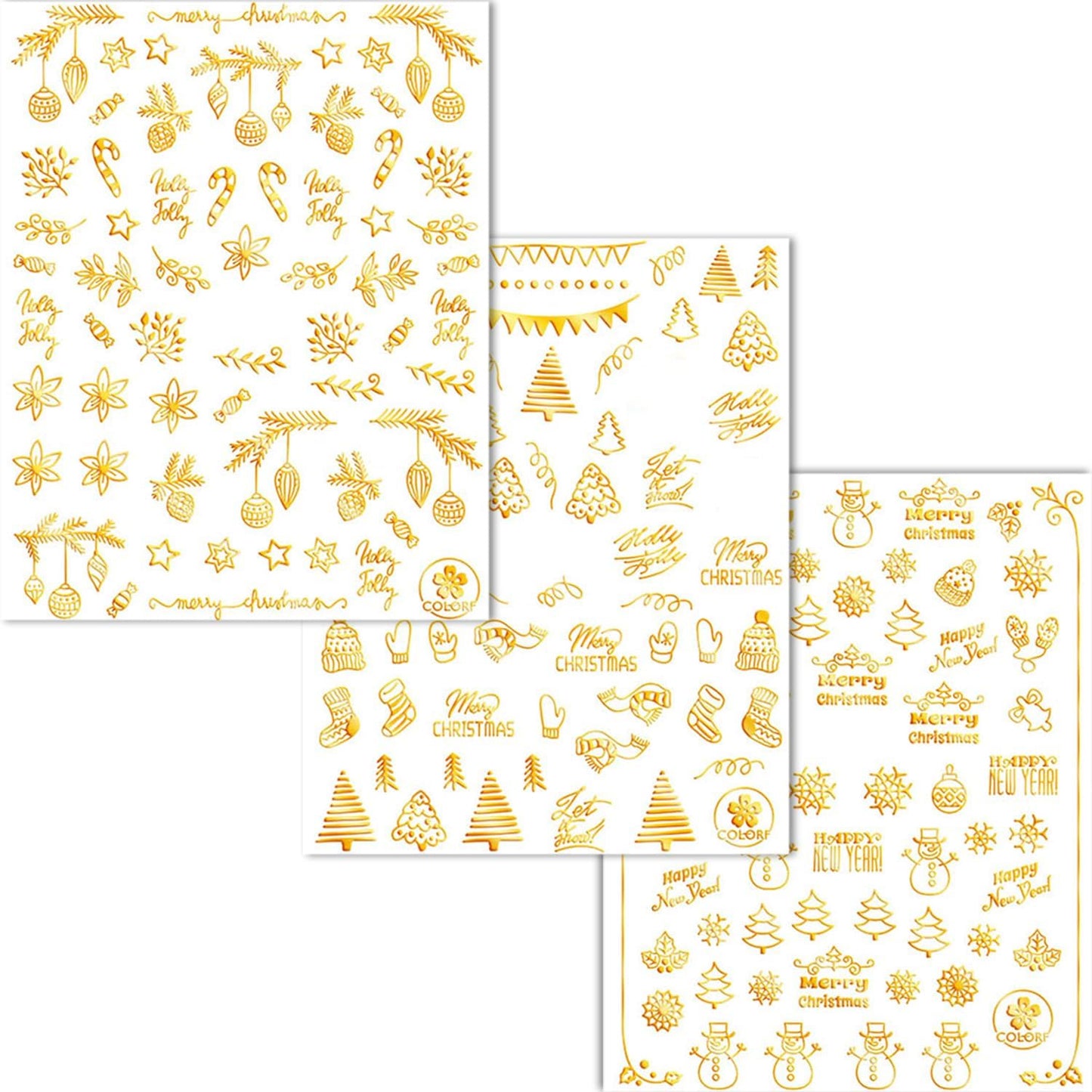 HNUIX Nail Stickers - 3D Christmas, Self Adhesive Nail Decals, Multi Pattern, Gold, 9 Sheets, for Nail Art
