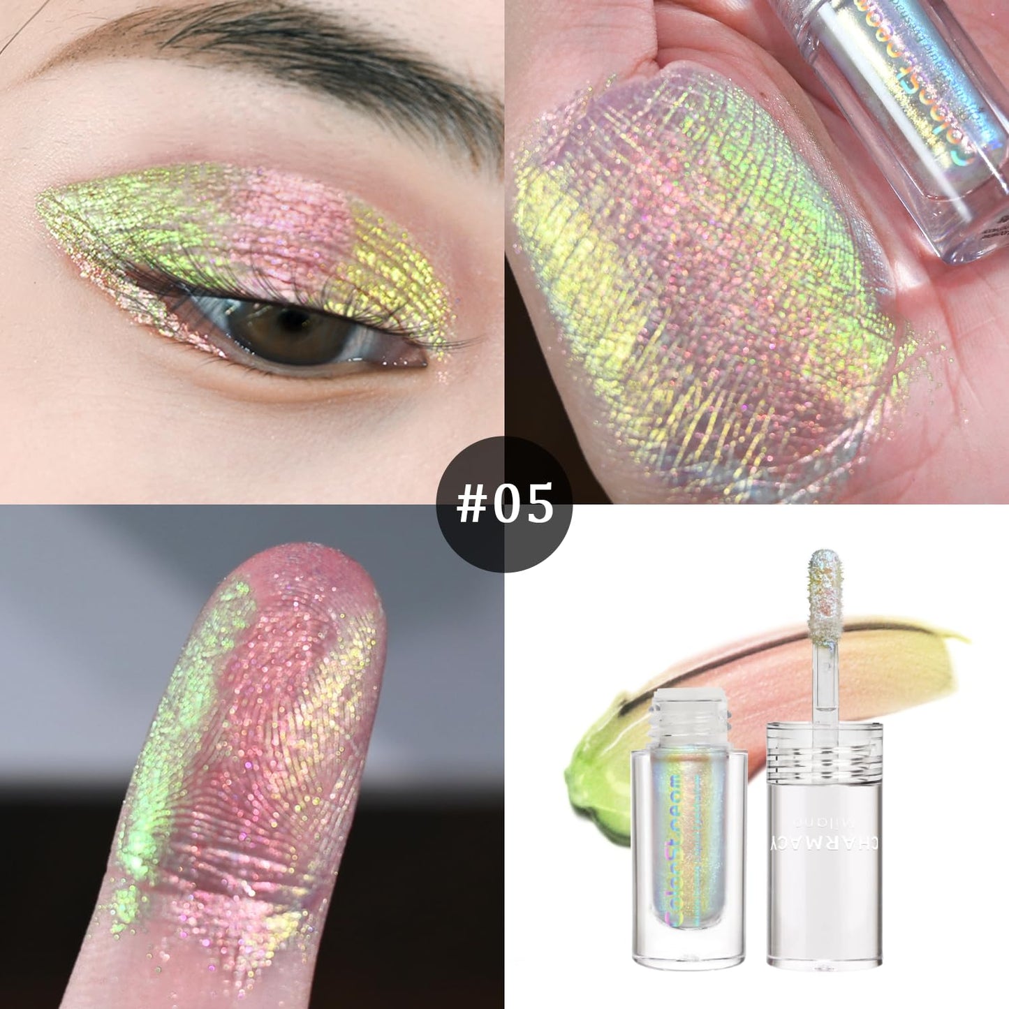 CHARMACY Multichrome Glitter Liquid Eyeshadow, Chameleon Shifting Color, Holographic Metallic Eyeshadow, Long-Lasting Wear, Vegan Eye Topper for Party, Daily Makeup #05
