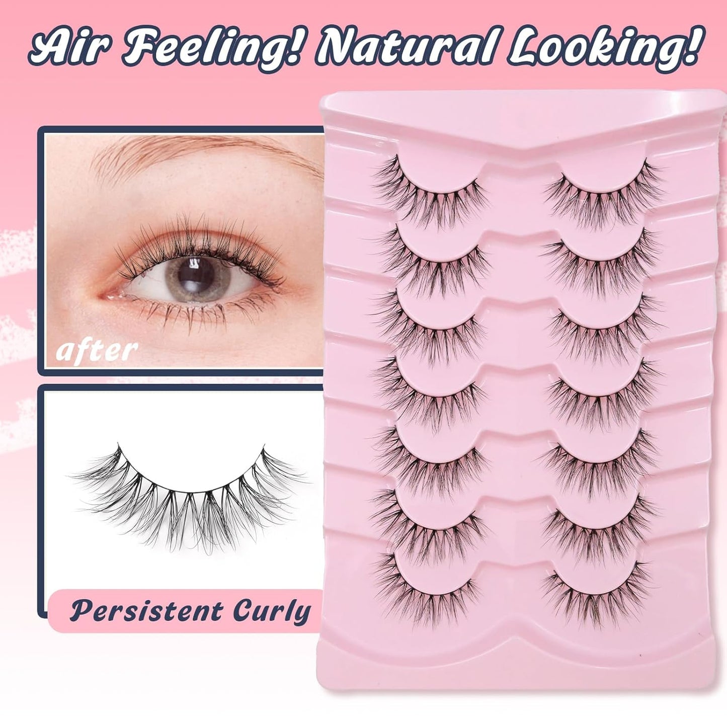 Natural Lashes False Eyelashes 10MM Short Lashes for Small Eyes C Curl Fake Eyelashes Thin Cotton Band 3D Volume Strip Lash Pack Soft Eyelashes 7 Pairs Siligli