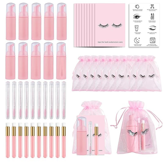 50PCS Lash Shampoo Bottles Brushes Set, Empty Lash Shampoo Bottle, Lash Cleaning Brush, Eyelash Extension Tube Brush, Instructions Cards, Aftercare Bags for Lash Business Clients (50pcs in pink)