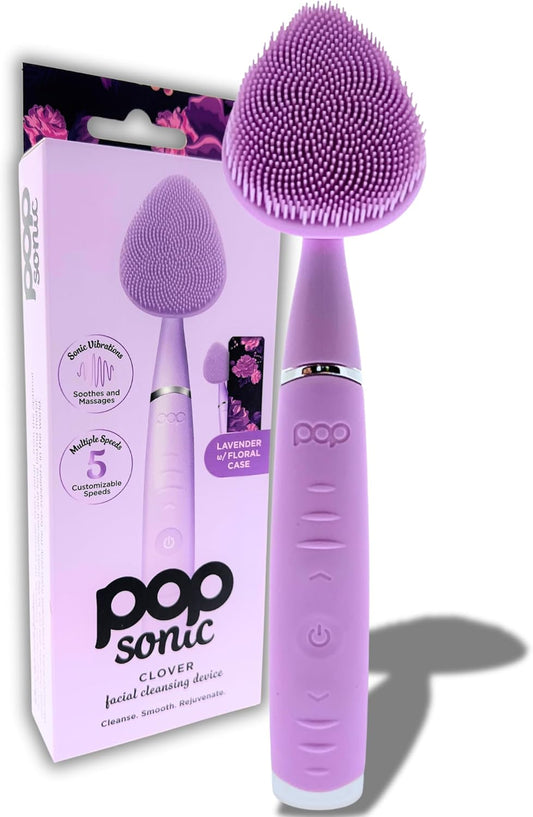 Clover Facial Cleansing Device Lavender Silicone Facial Cleaner & Exfoliator w/ 8000 Vibrations Per Minute, 5 Speeds, USB Rechargeable Face Cleaning Scrubber & Skincare Tool with Case