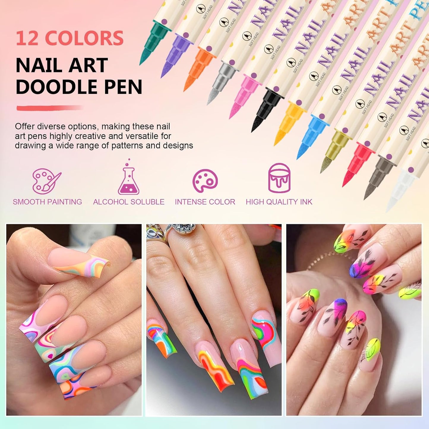 12 Colors Nail Art Pens Set, 3D Nail Polish Pens Quick-Drying Acrylic Paint Markers,For Nail Art Drawing Painting Nail Point Dotting Liner Pen, Nail Design Kit Manicure Tools Home & Salon DIY