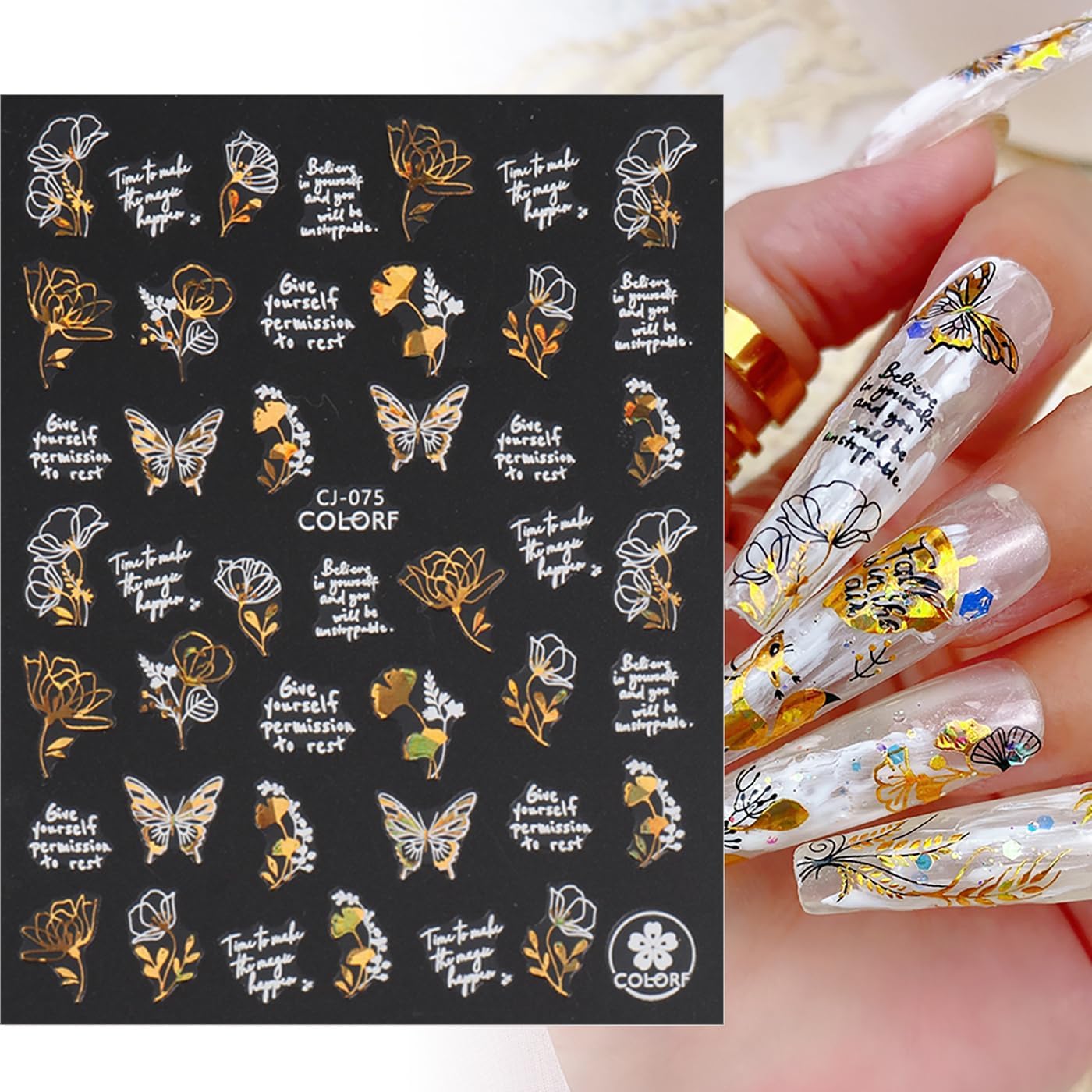 Laser Golden Fall Maple Leaves Nail Art Stickers, Maple Leaves Nail Decals 3D Self-Adhesive with Fan Blade Butterfly Squirrel Flower Design 6Pcs Nail Art Supplies for Women Nail Decoration