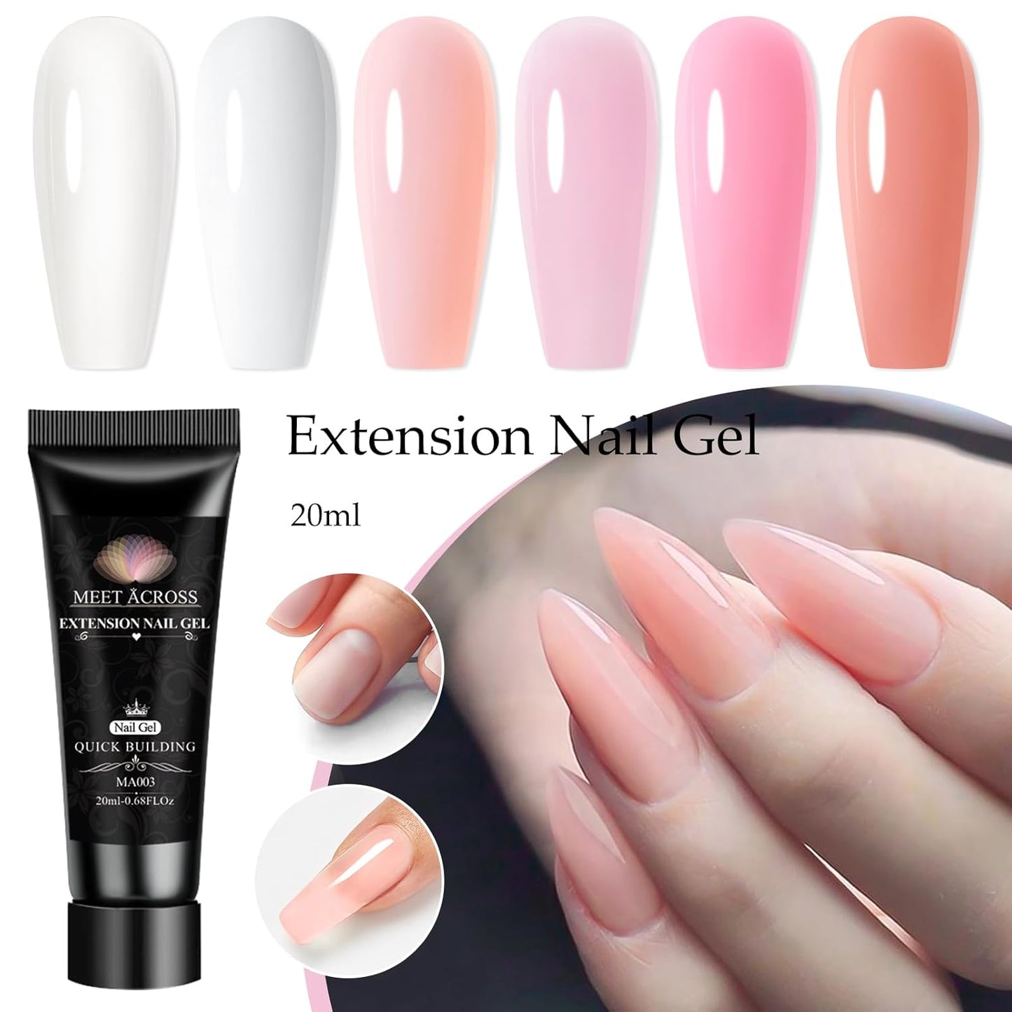 MEET ACROSS Poly Nail Gel Set - 6 Neutral Colors for Extension Nails, Long Lasting, Natural-looking, Strong Builder Enhancement for Salon Manicure DIY at Home 20ML Clear White Nude Pink