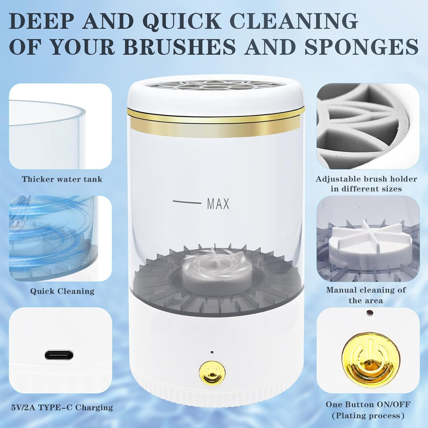 Makeup Brush Cleaner,Low noise and 8000 RPM Electric Makeup Brush Cleaner Machine for Deep Cleaning,Automatic Spinning Cosmetic Brush Cleaner for All Size Makeup Brushes and Sponges(White)