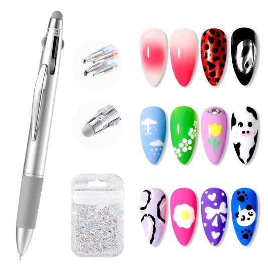 Gellen 5-in-1 Nail Dotting Pen with Ballpoint Pen Design & Nail Rhinestones, Double-end Nail Dotting Tools for Dotting, Gems, Gradient, Chrome Powder, DIY Manicure Home Salon Nail Art Tools