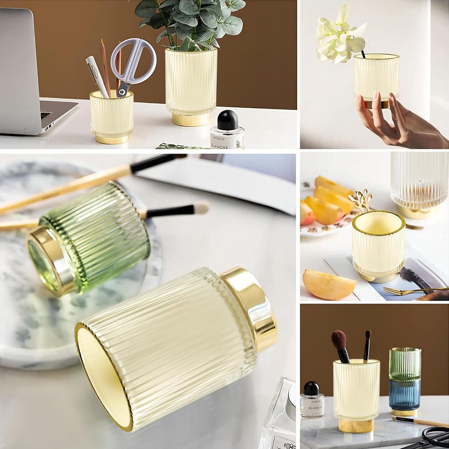 DASITON Makeup Brush holder Organizer,Crystal Cosmetic Makeup Brush Glass Brushes Storage Holder, Vintage Make Up Brush Cup Pen Pencil Holder striped vase(Cream S+L)