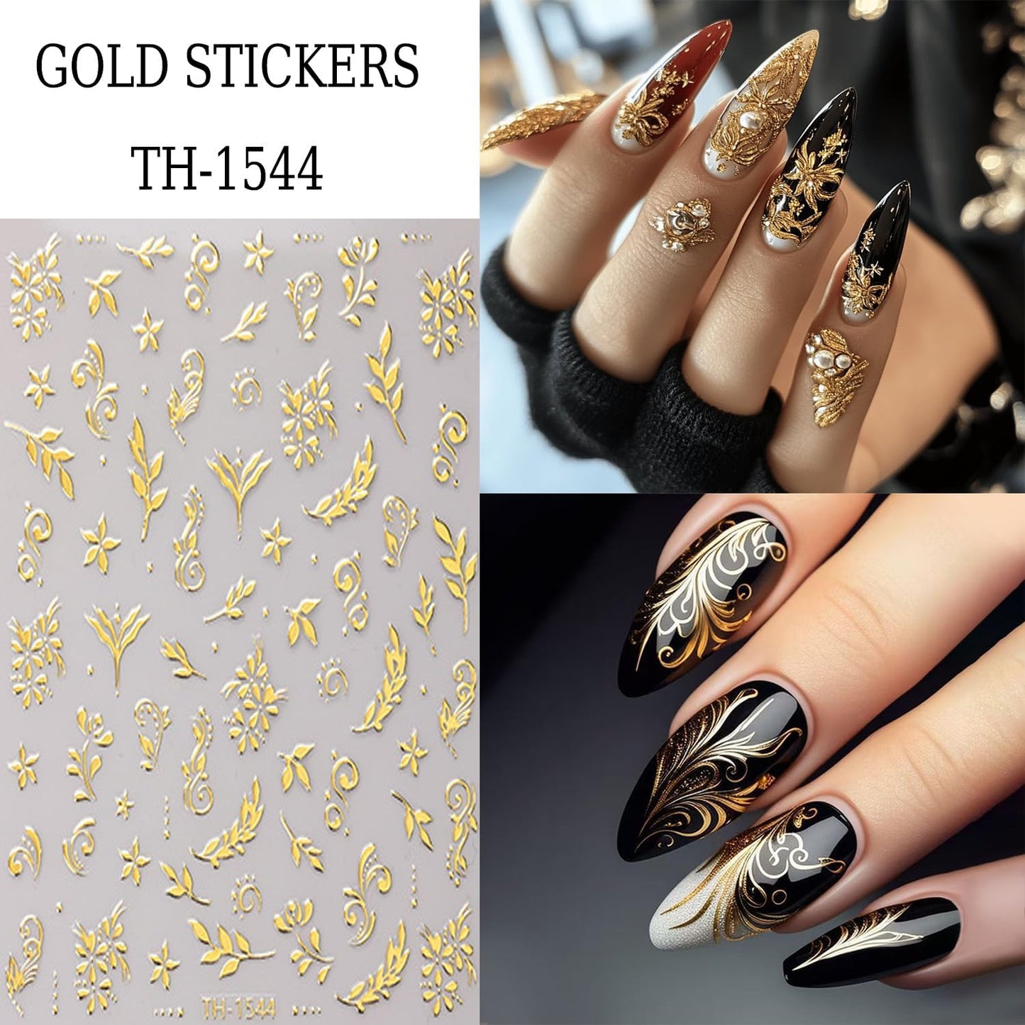 6 Sheets Gold Nail Art Stickers 3D Self -Adhesive Golden Flowers Leaves Nail Decals Holographic Hot Stamping Floral Nail Stickers Summer Blossom Nail Decoration for Women DIY Manicure Supplies