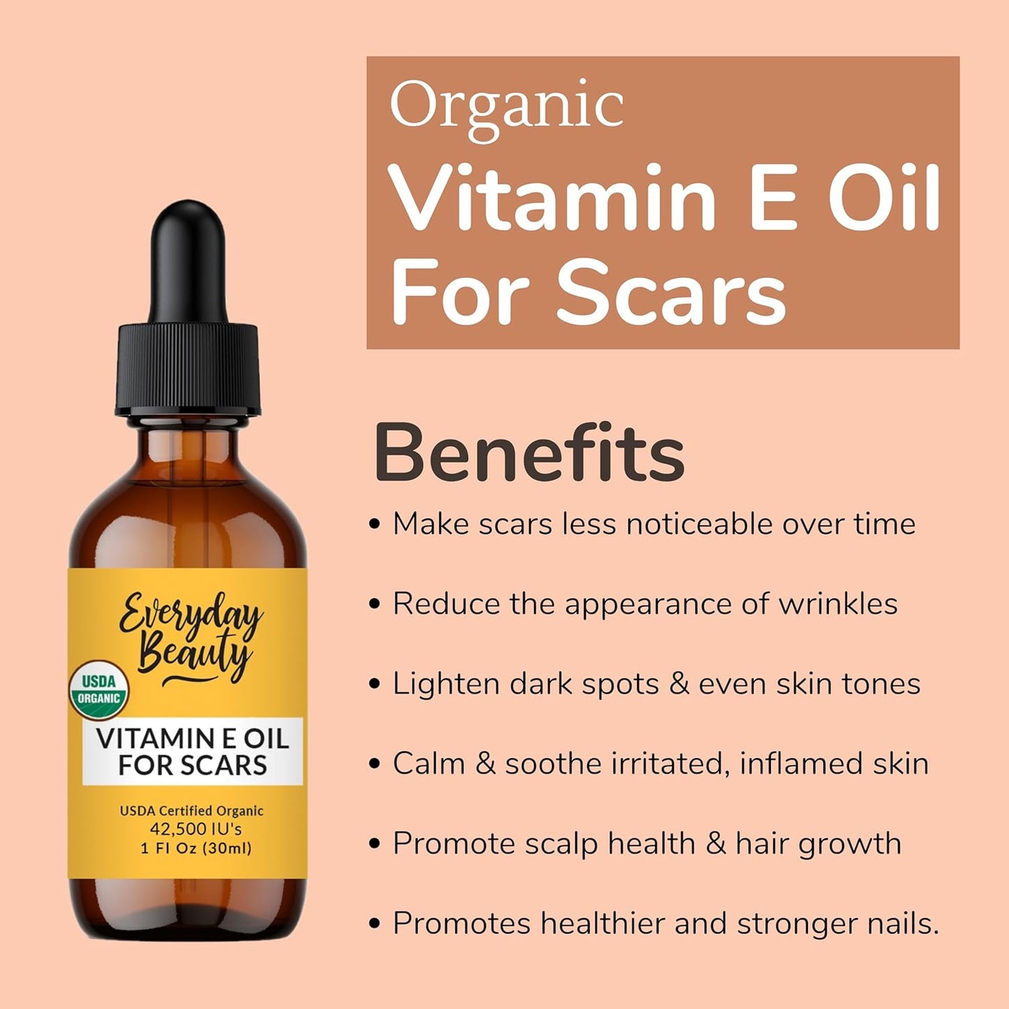 Organic Vitamin E Oil for Scars - All Natural & Vegan Skin Moisturizer 1oz - Light and Unscented Great for Scars After Surgery - Reduce Wrinkles, Anti Aging, Lighten Dark Spots - Face, Skin & All Over