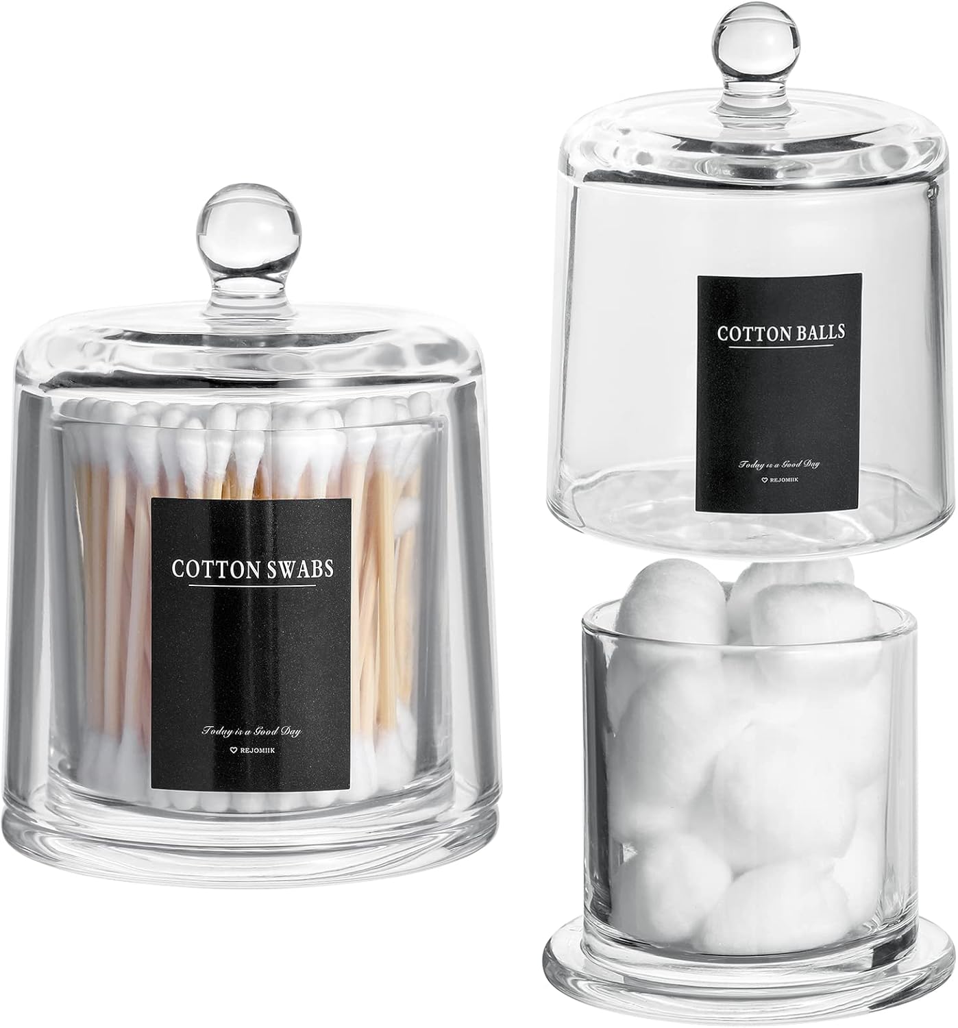 rejomiik Qtip Holder Thick Glass Apothecary Jars with Lid for Bathroom Accessories Vanity Organizers and Makeup Storage for Cotton Ball, Swabs, Candy, Jewelry, Bathroom Decor, 2 Pack Clear