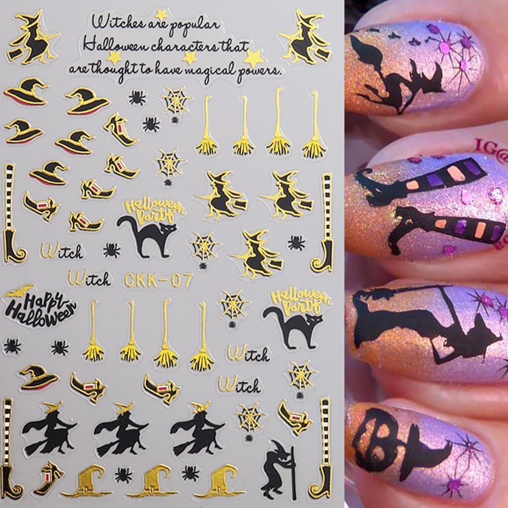 8Pcs Halloween Nail Stickers Spider Web Nail Decals Gold DIY Self Adhesive Ghost Cobweb Nail Design Halloween Nail Decoration Supplies Holiday Manicure Accessories for Women Girls