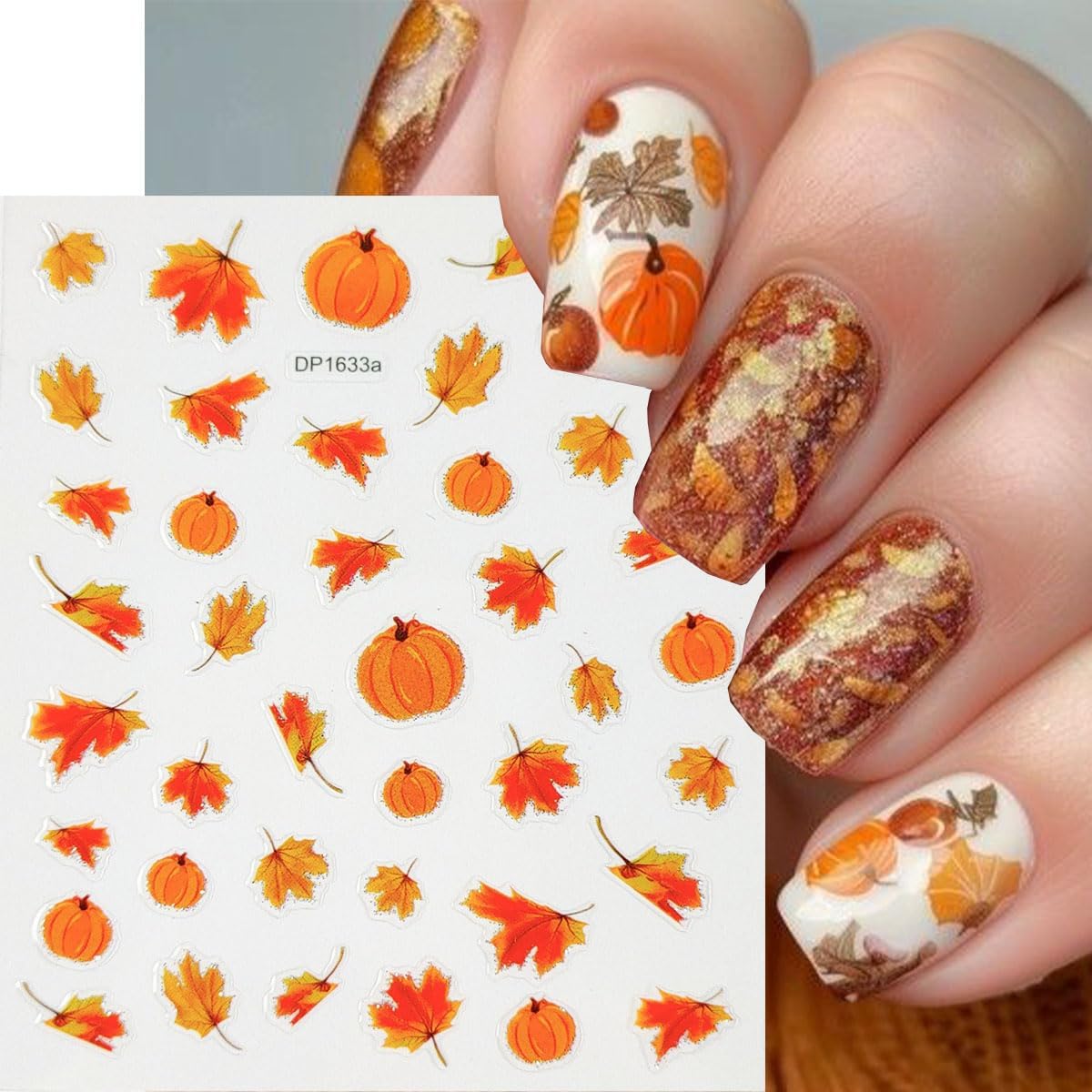 8 Sheets Maple Leaf Nail Stickers Pumpkin Nail Decals Orange Nail Art Stickers Fruit Leaves Mushroom with Glitter Design Autumn Nail Sticker for Nail Art for Women DIY Thanksgiving Manicure Supplies