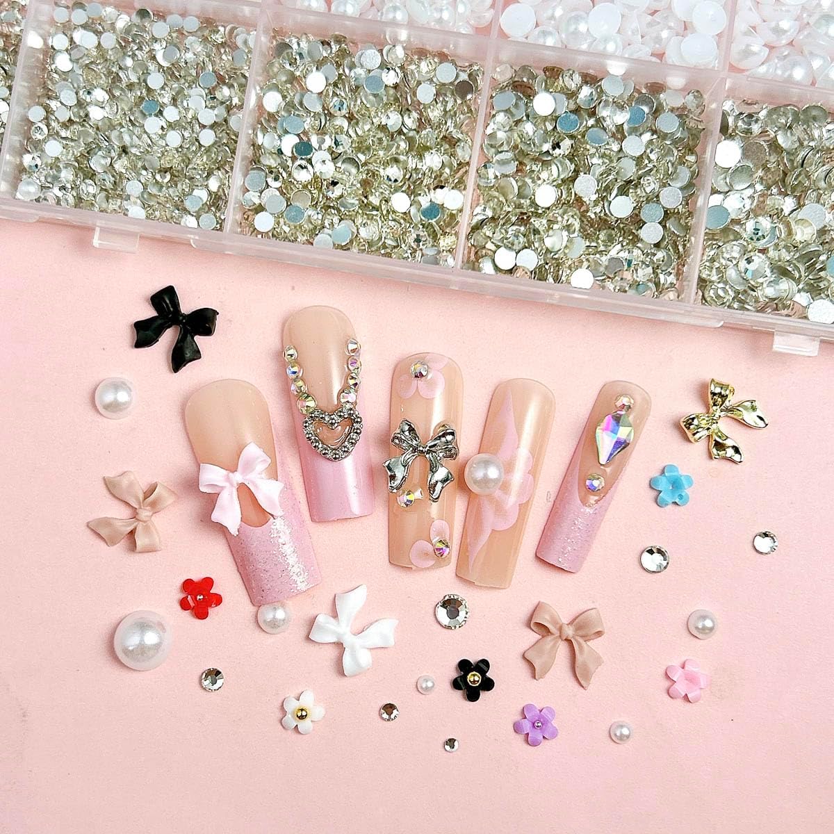 White Pearl Nail Charms and Gems, 3D Colorful Flower Kawaii Metal Bow Charms for Nail Art Rhinestone Nail for Manicure DIY Crafts Jewelry Accessories