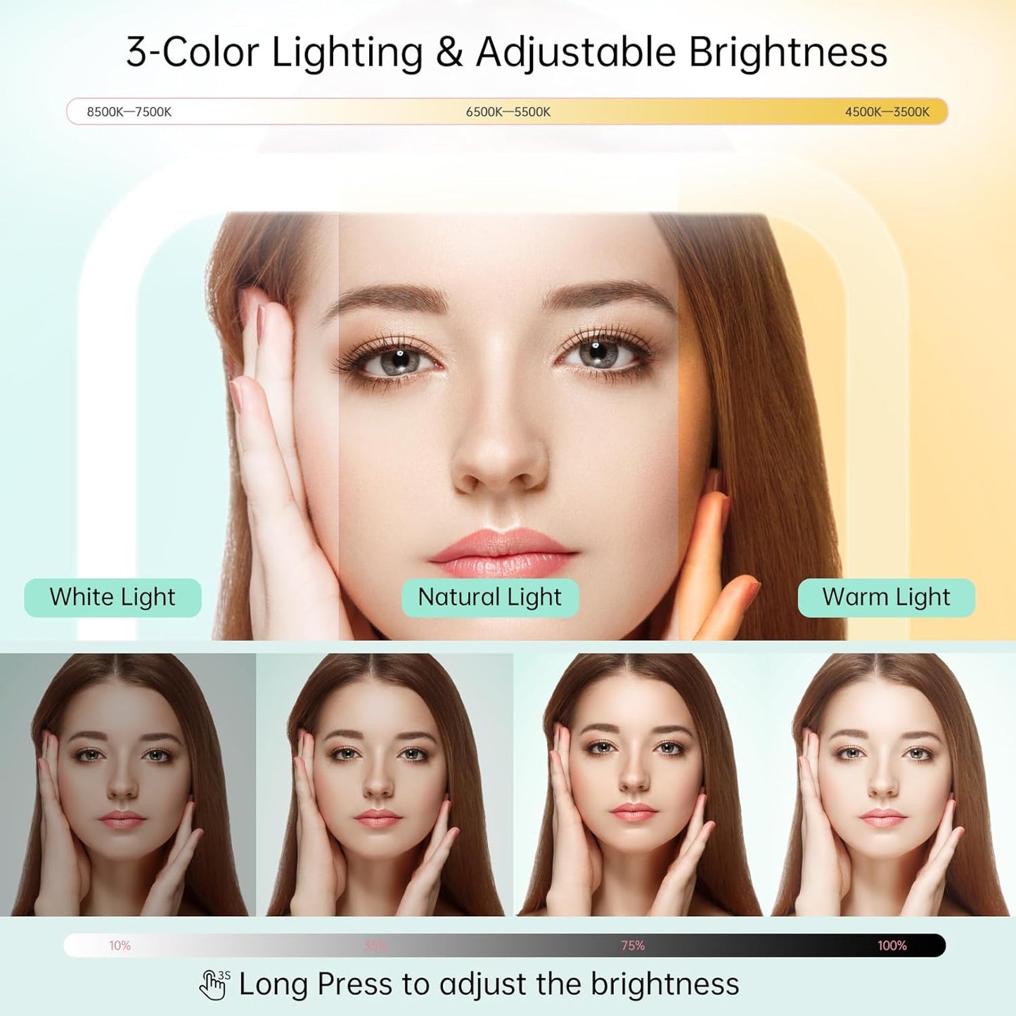 FASCINATE 10X Magnification Rechargeable Travel Makeup Mirror, 7" Lighted Portable Vanity Mirror with 3 Colors Lighting & Stepless Dimming, Double Sided LED Mirror, Gift for Women (Black)