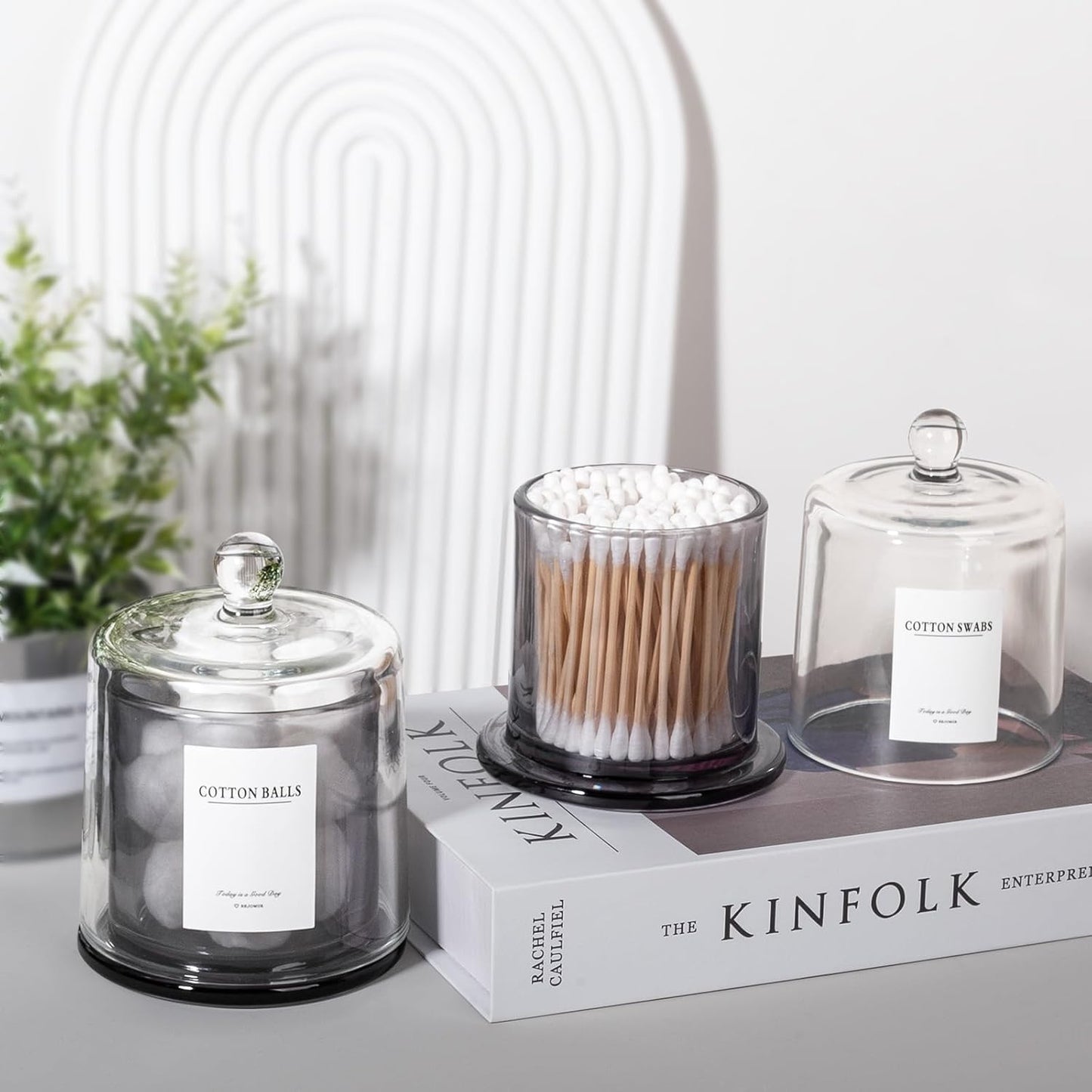 rejomiik 2 Pack Qtip Holder Thick Glass Apothecary Jars with Lid for Bathroom Accessories Vanity Organizers and Makeup Storage for Cotton Ball, Swabs, Makeup Sponges, Candy, Jewelry, Grey