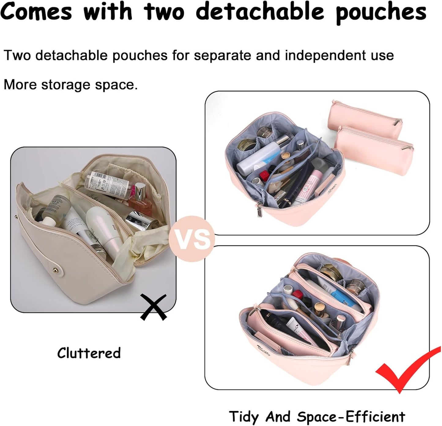 BOYATU Travel Makeup Bags for Women: Vegan Leather Cosmetic Bag Set of 3 - Large Capacity Make up Bag with Divider - Wide Open Waterproof Toiletry Organizer Bag with Handle (05-Pink)