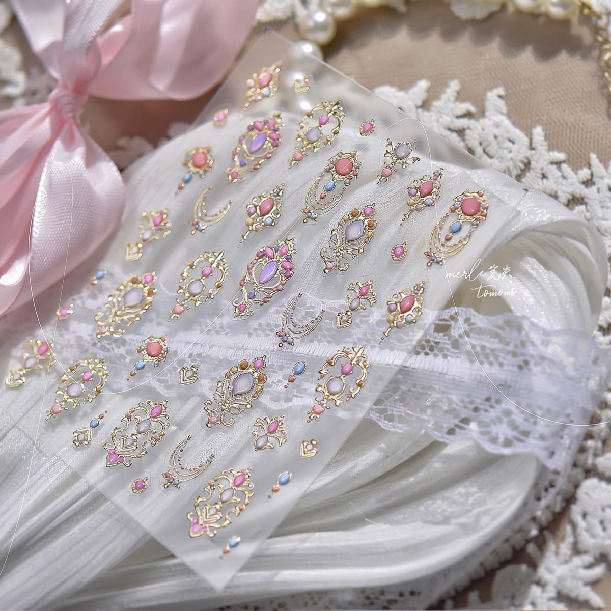 5D Embossed Retro Mirror Nail Stickers Metallic Retro Totem Nail Decals Vintage GEM Necklace Nail Stickers Self-adhsive Nail Decals Luxury Design for Women DIY Manicure Art Decorations 1 Sheet