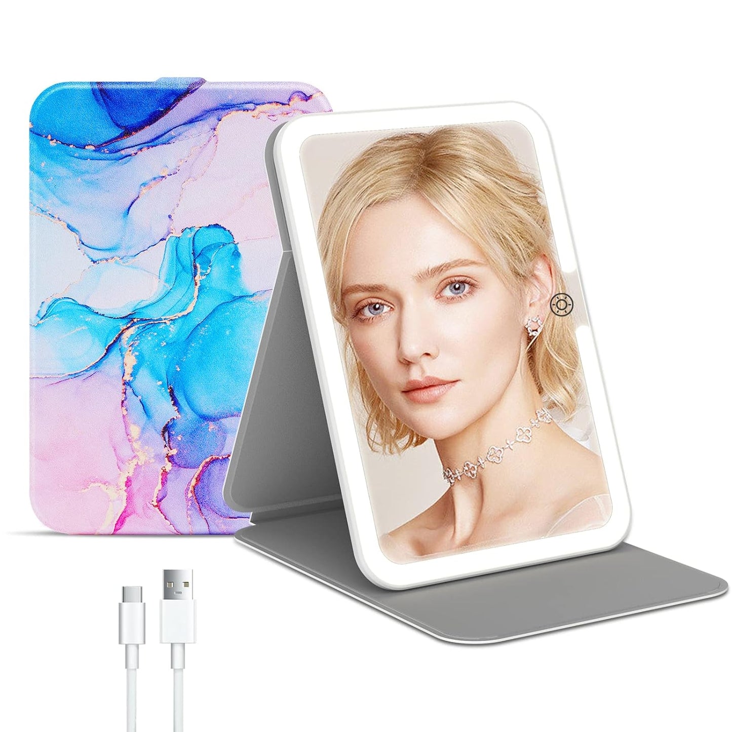 Rechargeable Travel Lighted Makeup Mirror with PU Leather Cover, Portable Travel Makeup Mirror with Lights, 3 Color Lighting,Touch Sensor Dimmable, Light Up Tabletop Folding Cosmetic Mirror Colorful