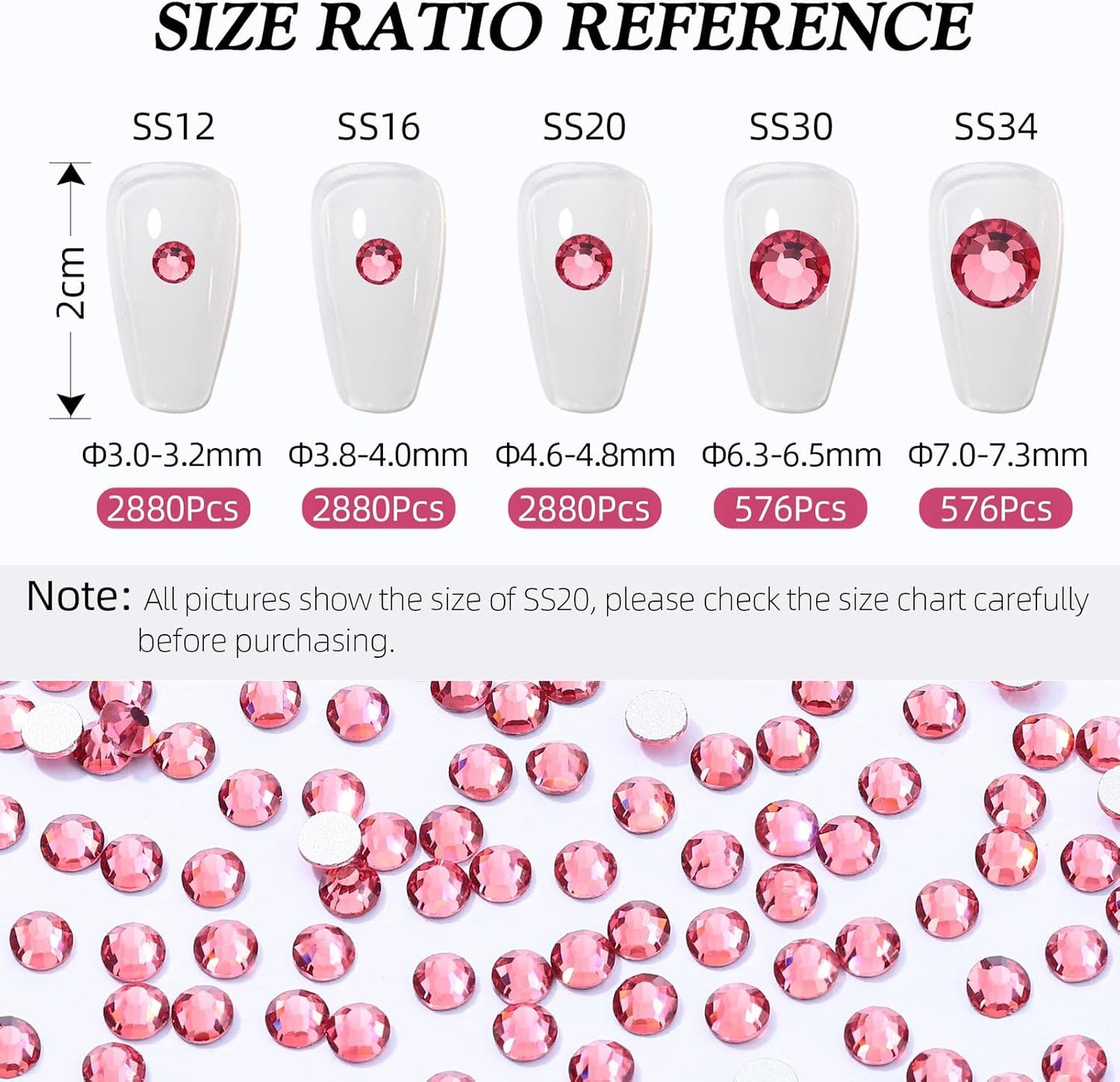 Rose Flatback Rhinestones, Glass Rhinestones for Nail Art and Craft, Glue Fix, Loose Crystal Gemstones(Rose, SS16, 2880pcs, 3.8-4.0mm)