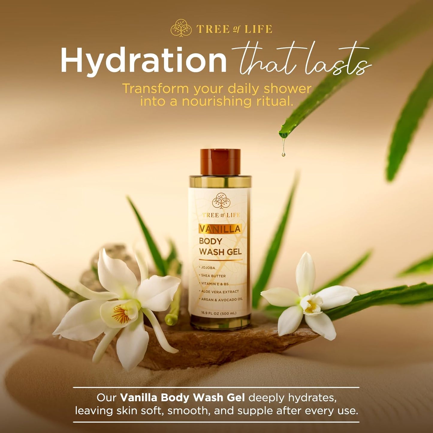 Tree of Life Vanilla Body Wash Gel - Moisturizing Shower Gel with Jojoba Oil and Shea Butter Hydrating Body Wash for Sensitive Skin and All Skin Types, 16.9 fl oz