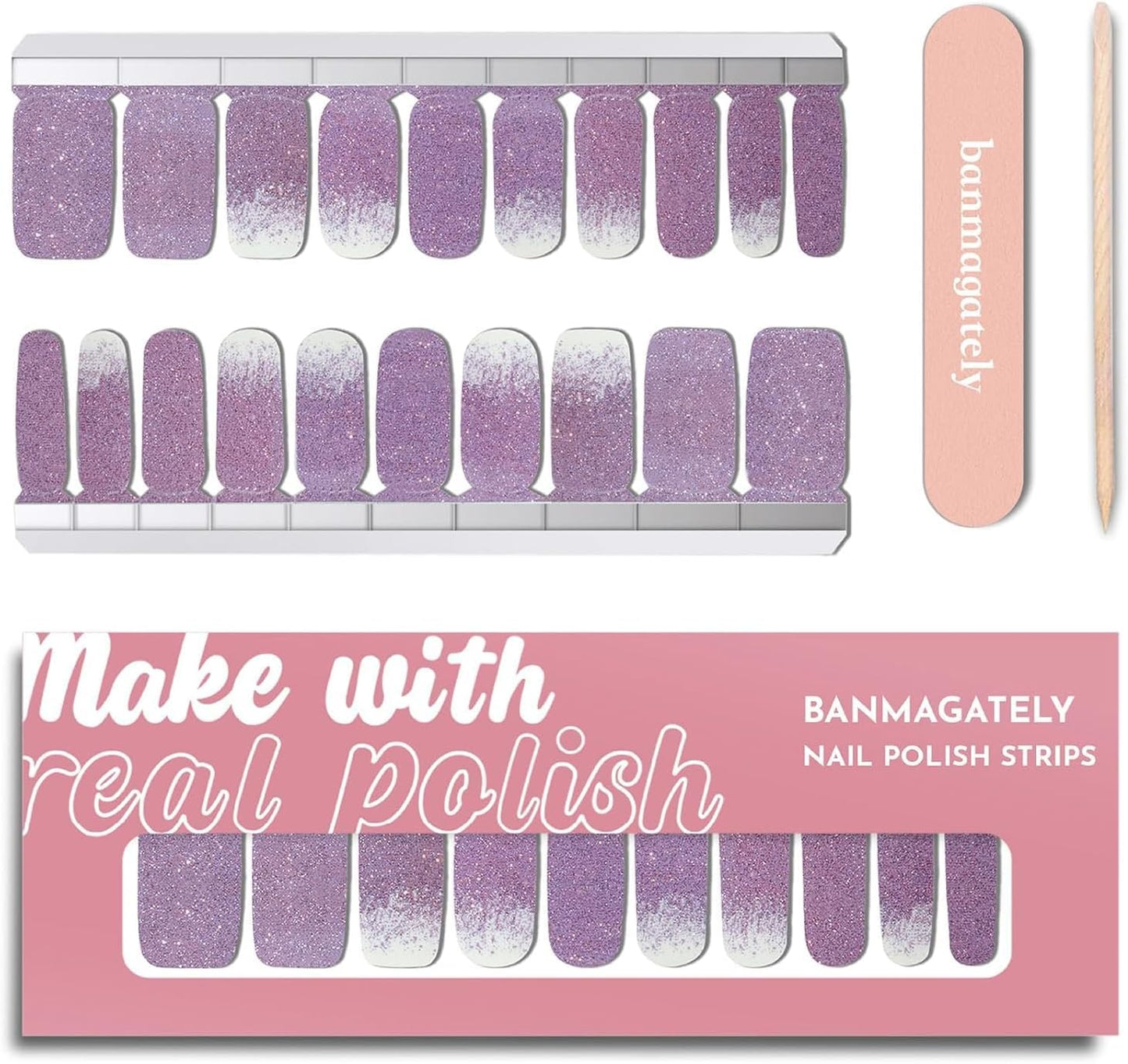 Nail Polish Strips, 20Pcs Salon Quality Gel Nail Stickers, Easy Long Lasting Wraps for Short Nails no UV Light Needed (Glitter Mauve)