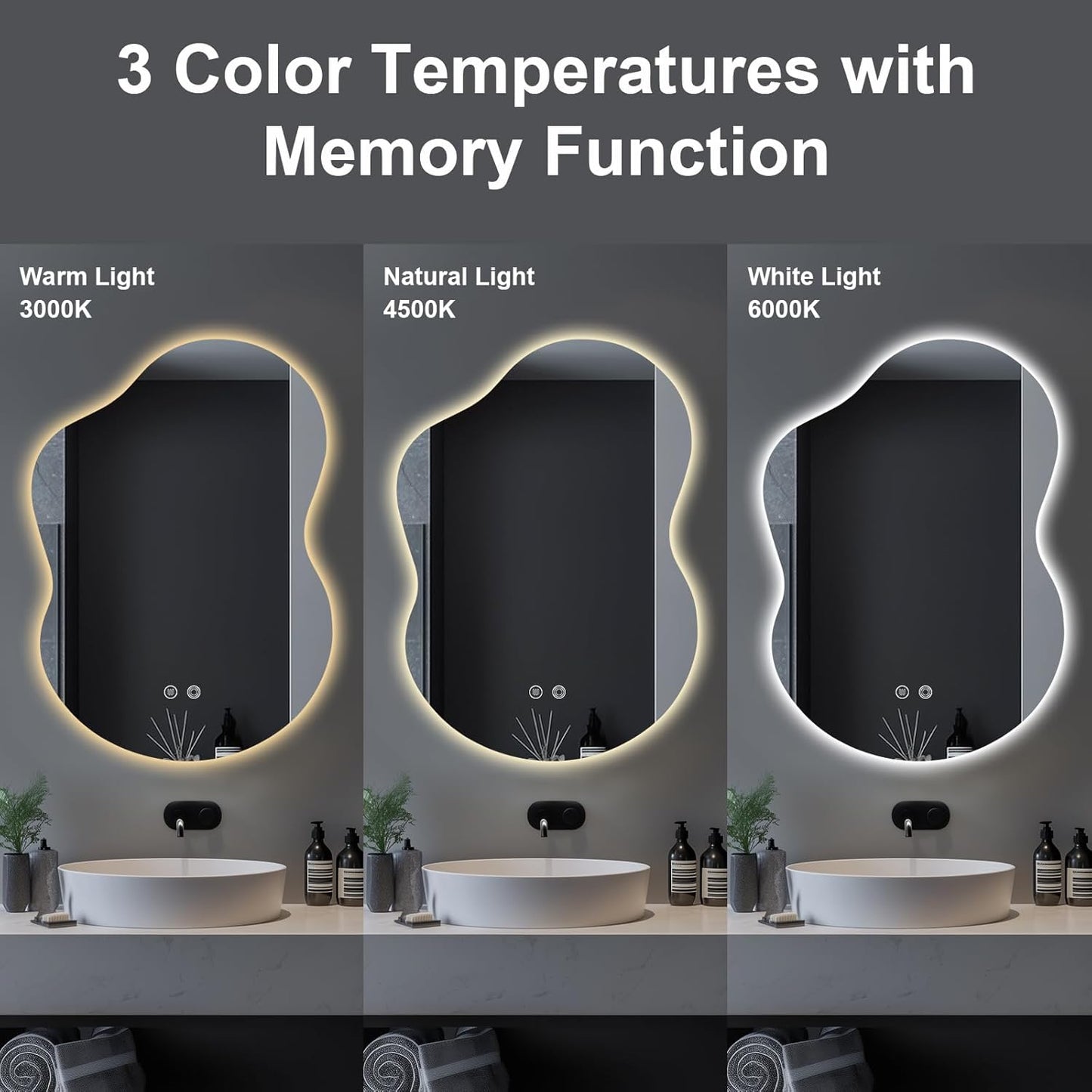 35"x25" Asymmetrical LED Vanity Mirror for Bathroom with Front & Backlit, Anti-Fog, 3 Light Colors, Dimmable, Wall-Mountable [Horizontal/Vertical]