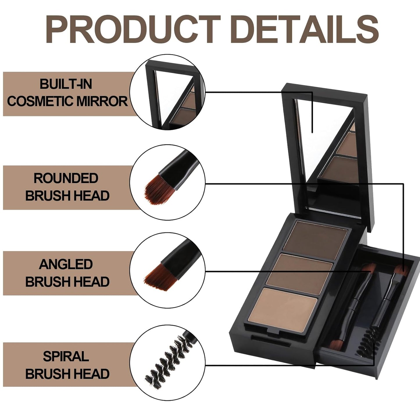3 Colors Eyebrow Makeup Kit, Professional Brow Contour Palette, Waterproof Long-lasting Eyebrow Filler Powder with Mirror & Brow Brush