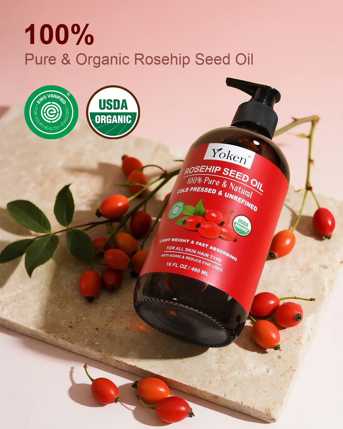 Organic Rosehip Seed Oil, USDA 100% Pure Rosehip Oils for Face, Hair & Body, Large Glass Bottle 16 fl oz Cold Pressed Rose Hip Oil for Skin Care, Moisturizing, Massage, Gua Sha & DIY Blends