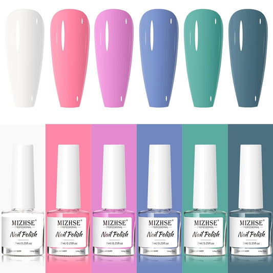 MIZHSE Quick Dry Nail Polish Set, Regular Nail Polish 6 Classic Colors of Milky White Pink Purple Blue Green, Air Dry Nail Lacquer Fingernail Polish for Women, Manicure DIY Nail Art Salon Ideal Gift