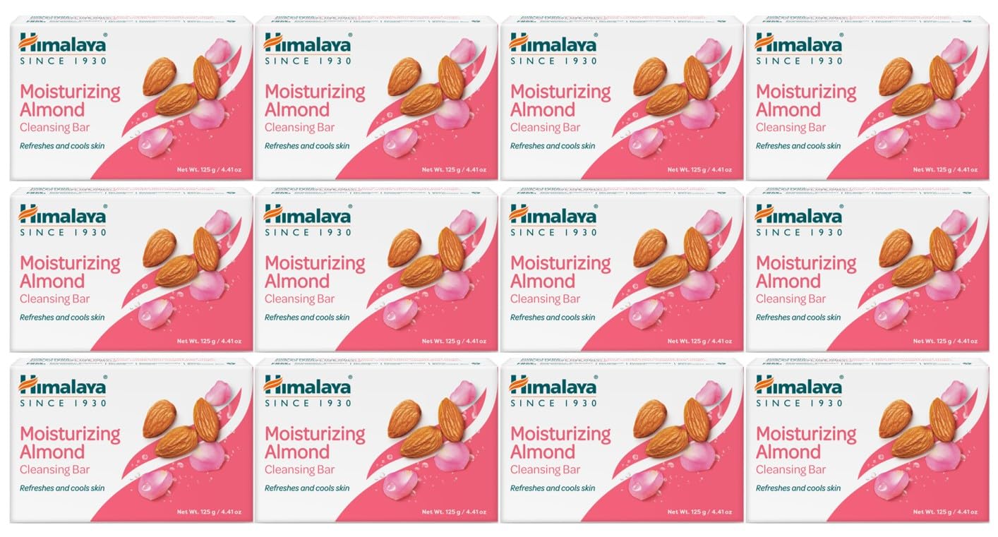 Himalaya Moisturizing Almond Cleansing Bar, Face and Body Soap for Soft Skin, 4.41 oz, 12 Pack