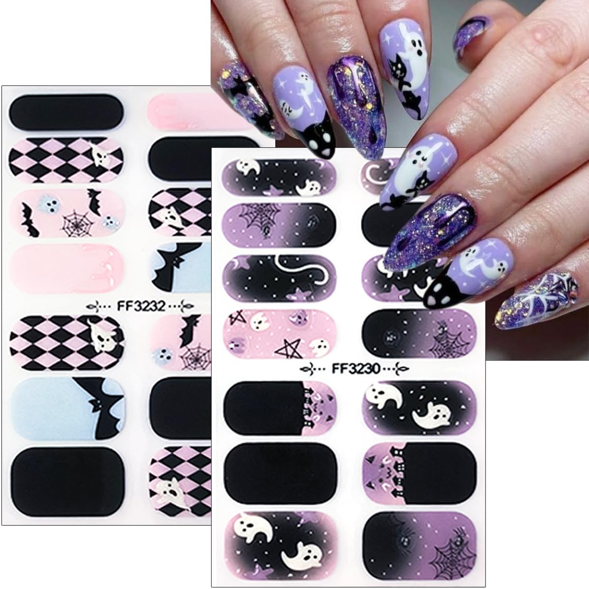 Halloween Gel Nail Stickers for Nail Art 3D Halloween Ghost Nail Art Stickers Cute Full Nail Wraps Stickers Halloween Nail Polish Stickers Spider Bat Moon Star Gel Nail Strips Decals for Women Girls
