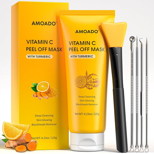 Blackhead Remover Mask, Peel Off Face Mask with Vitamin C & Turmeric for Men and Women–Deep Cleansing Nose Facial Mask for Blackheads, Pores & Oil Control with Pimple Extractor and Brush