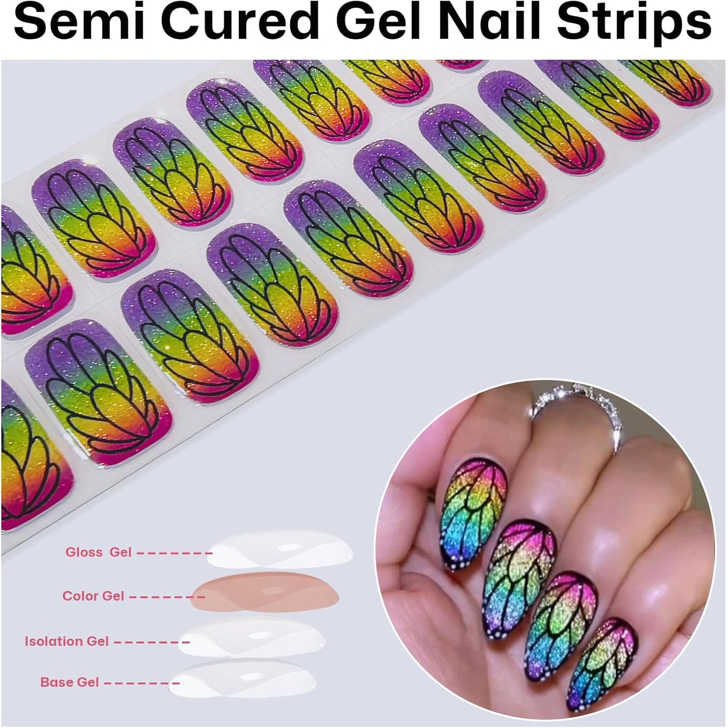 Semi Cured Gel Nail Strips with Glitter Butterfly Designs Colorful Gel nail stickers Salon Quality & Easy to Use for Women 20 Pcs