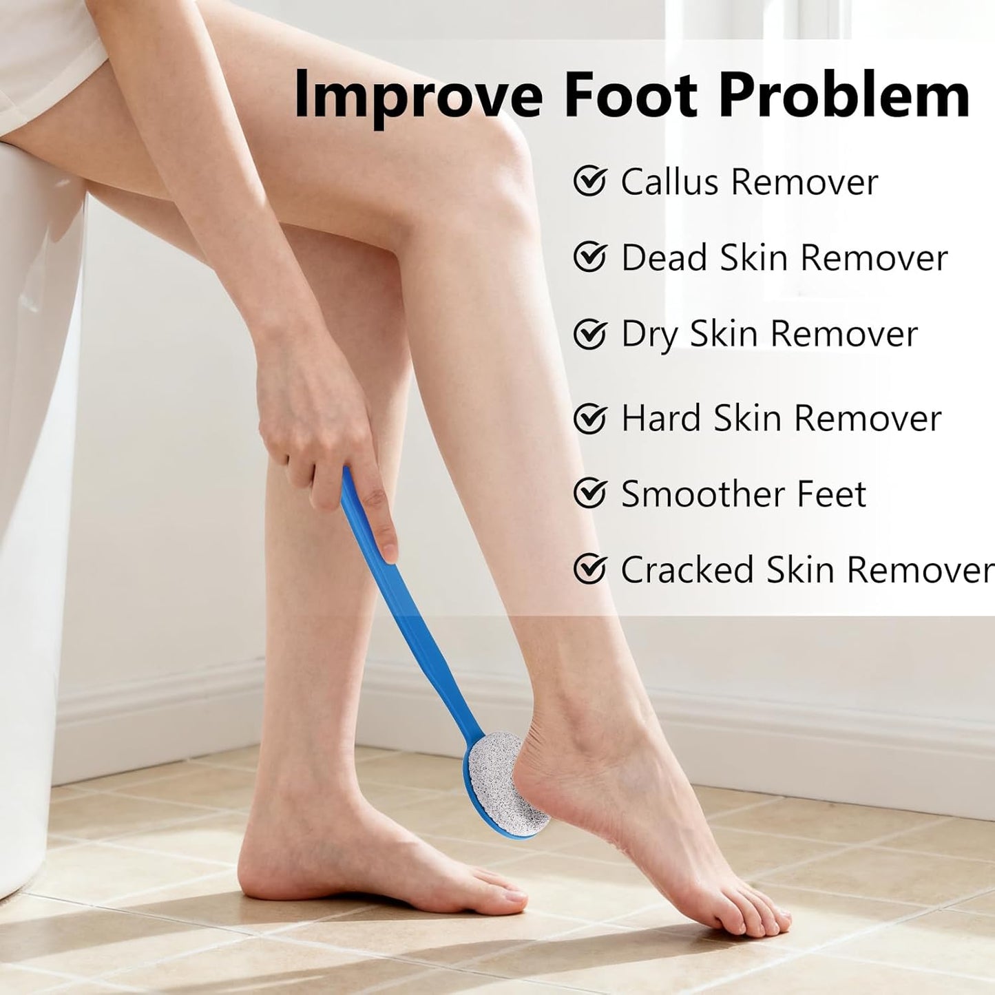 Pumice Stone for Feet with Long Handle (Curved Handle, Blue, Count, 1)
