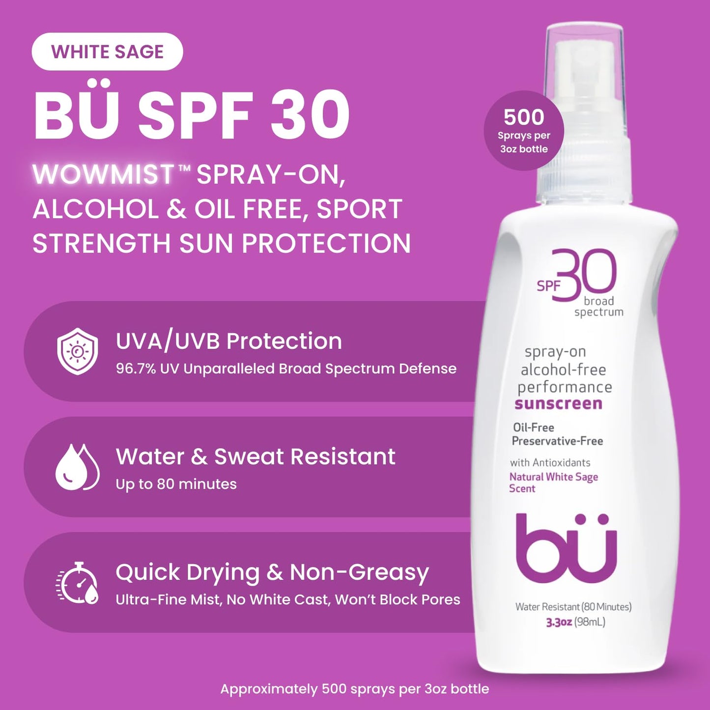 BU SPF 30 Sunscreen Spray for Face and Body, Non Aerosol Spray, Ultrafine WOWmist, TSA Travel Size Sunscreen, Clear, Non Greasy, Water Resistant, White Sage 3.3 oz