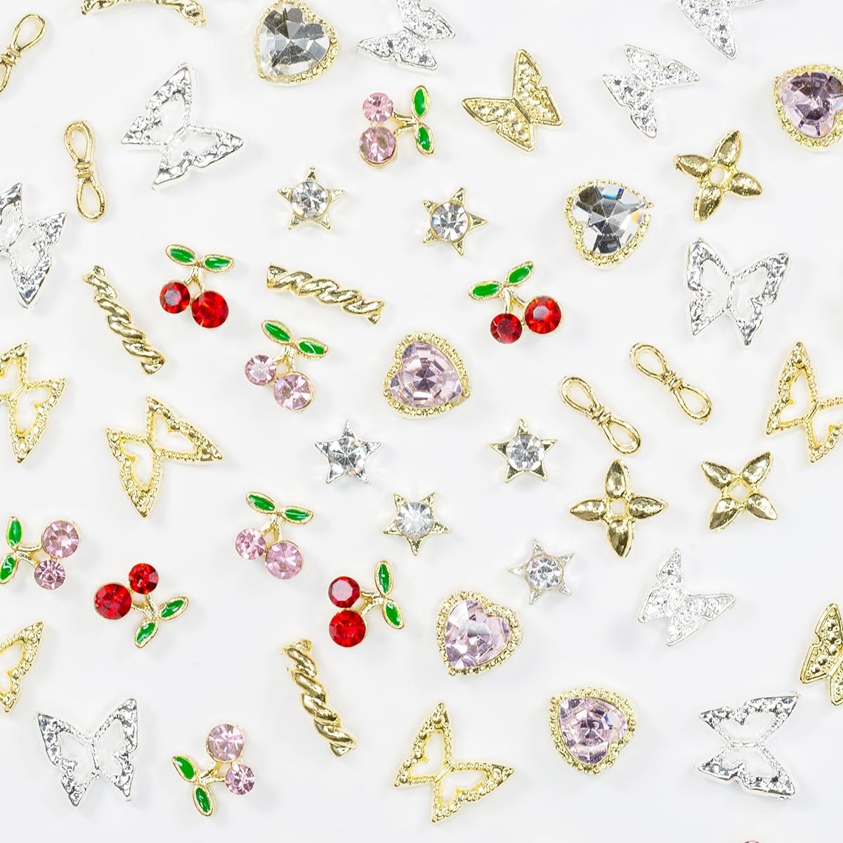 56 Pcs Cute Charms for Nails Cherry Butterfly Heart Star Kawaii Crystals Pink Red Rhinestones Gems Golden Silver 3D Alloy Studs Nail Art Charms for Acrylic Nails Crafts Tumblers Bottles Shoes