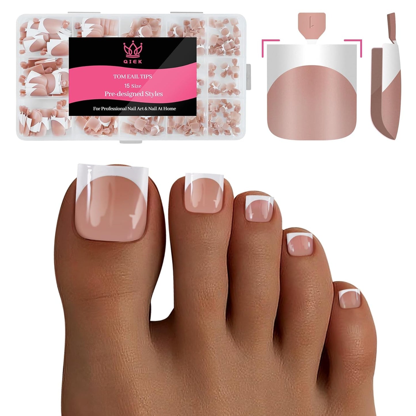 Press On Toenails for Women, Brown Pink 15 Sizes 270 Pcs Toe Nail Tips Pre-applied Primer& Base Coat, Full Cover Real Square French Tip Extension DIY at Home, Builder Nail Gel & Top Coat Required
