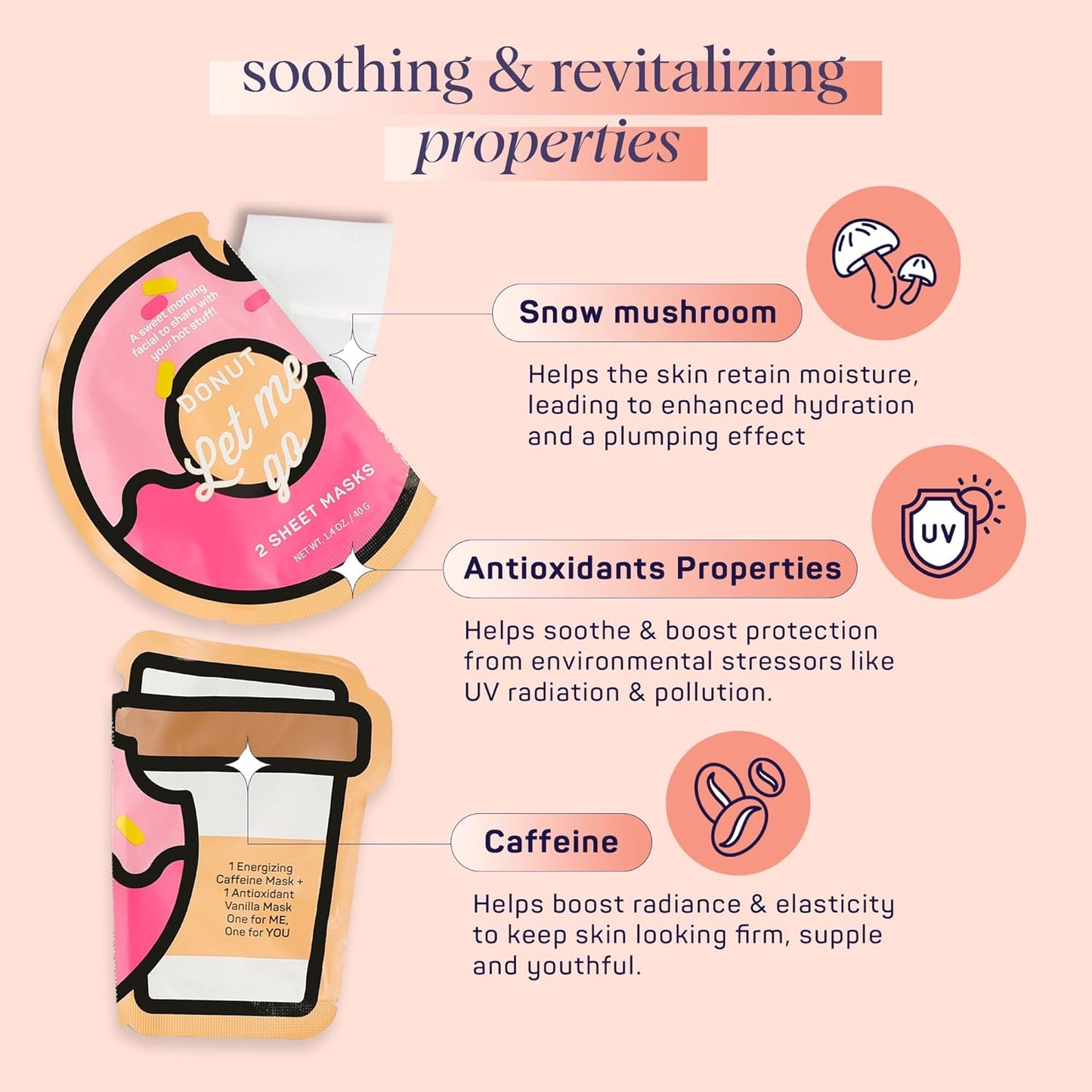 SpaLife Donut Let Me Go Duo Facial Masks - Pack of 6 - Skincare Gift Set for Valentine's Day - Radiant Caffeine and Soothing Vanilla - Beauty Moisture Hydration Face Mask for Men and Women